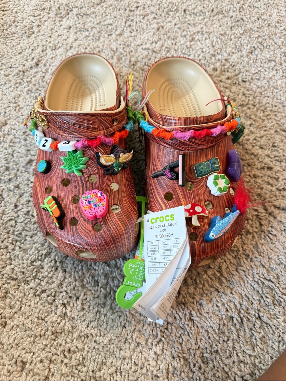 SZA CROCS Collab Classic Clog in Brown Woodgrain with Colorful Jibbitz